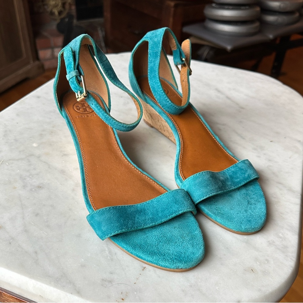 Tory Burch Savannah Teal Suede Cork Wedges - Picture 2 of 7